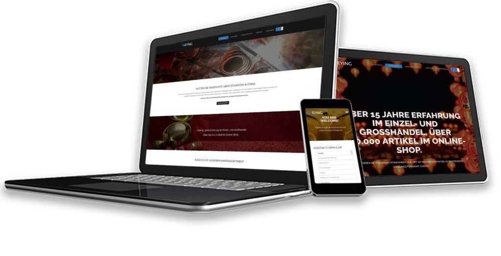 Präsentation Responsive Webdesign, offener Laptop, Tablet, Smartphone