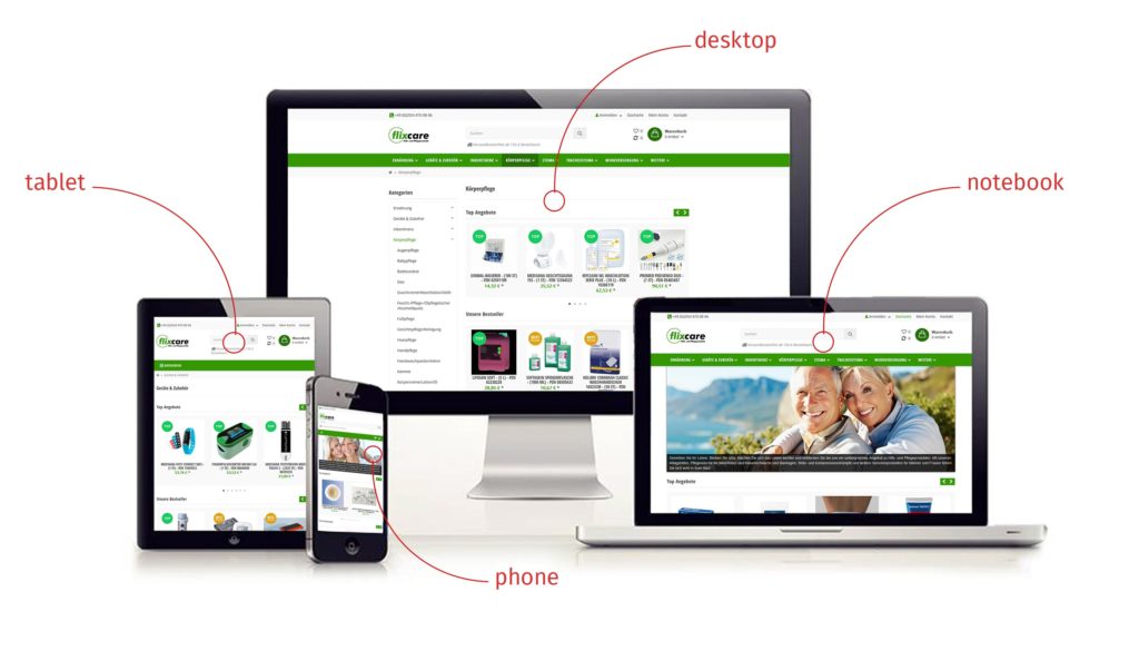 PC Monitor, aufgeklappter Laptop, Tablet, Smartphone, Responsive Webdesign Webshop